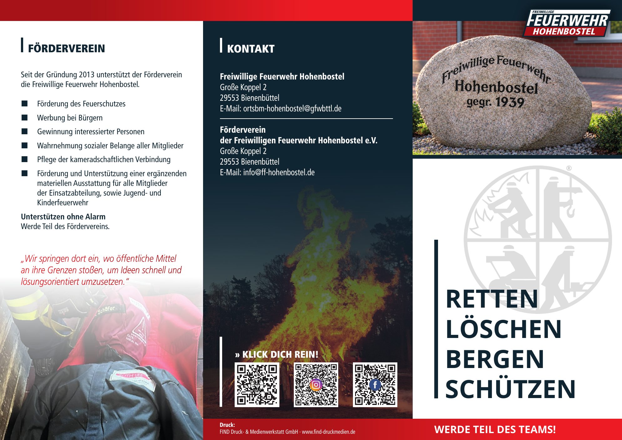 Flyer der Freiwilligen Feuerwehr Hohenbostel, Außenseite: Informationen zum Förderverein, Kontaktdaten und Titelseite mit dem Motto „Retten, Löschen, Bergen, Schützen – Werde Teil des Teams!“
